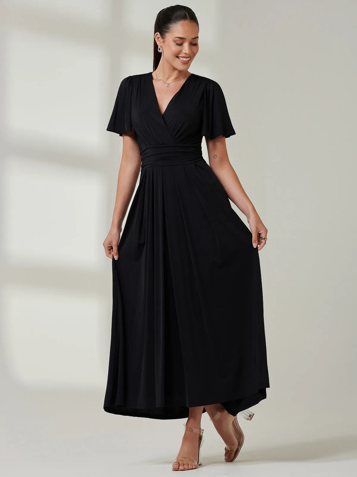 Angel Sleeve Super-Smooth Jersey Maxi Dress, Black
