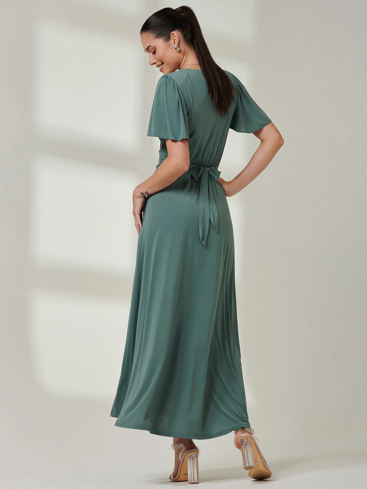 Angel Sleeve Super-Smooth Jersey Maxi Dress, Pleat Green