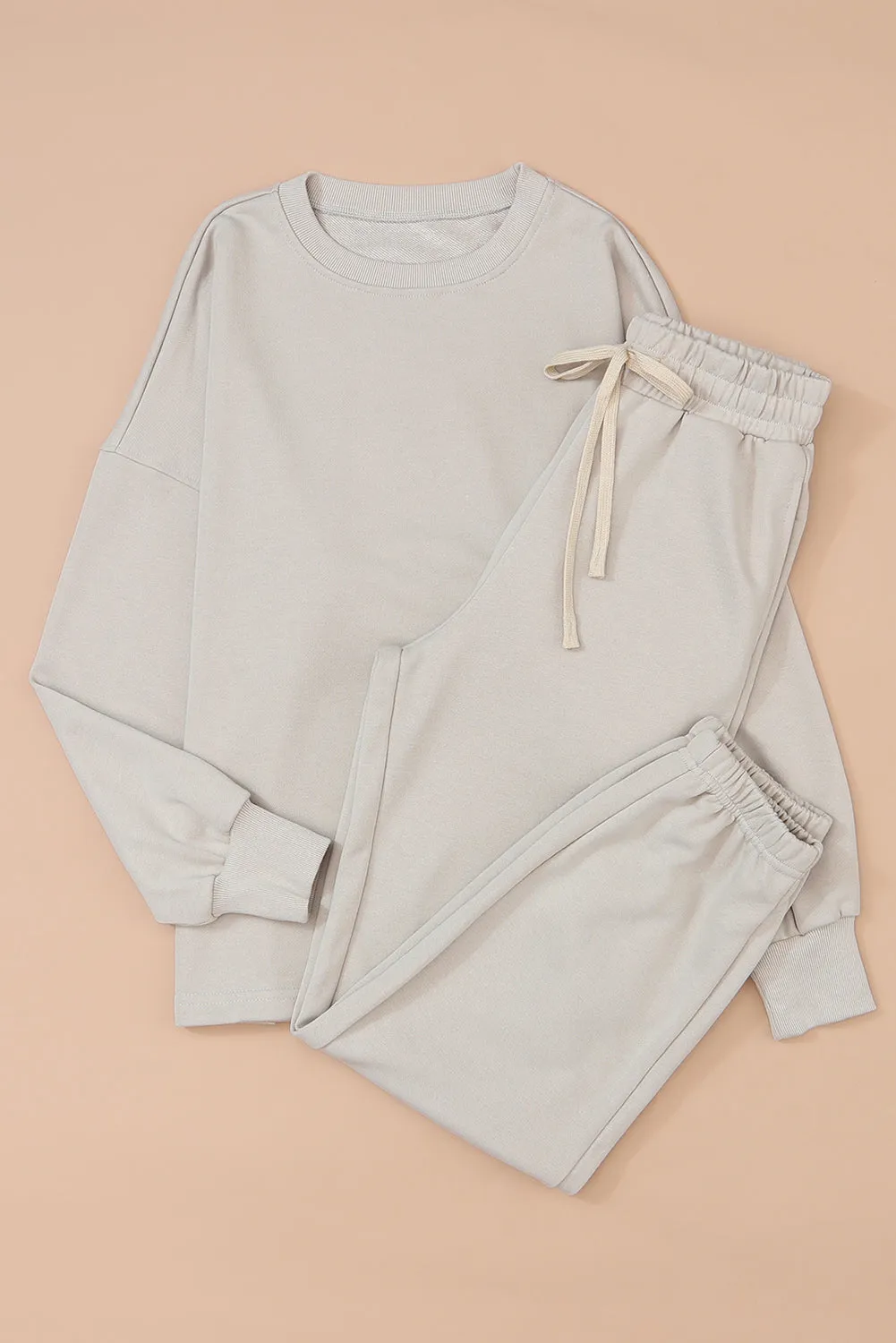 Beige Plain Long Sleeve Top & Drawstring Pants Two Piece Pants Set