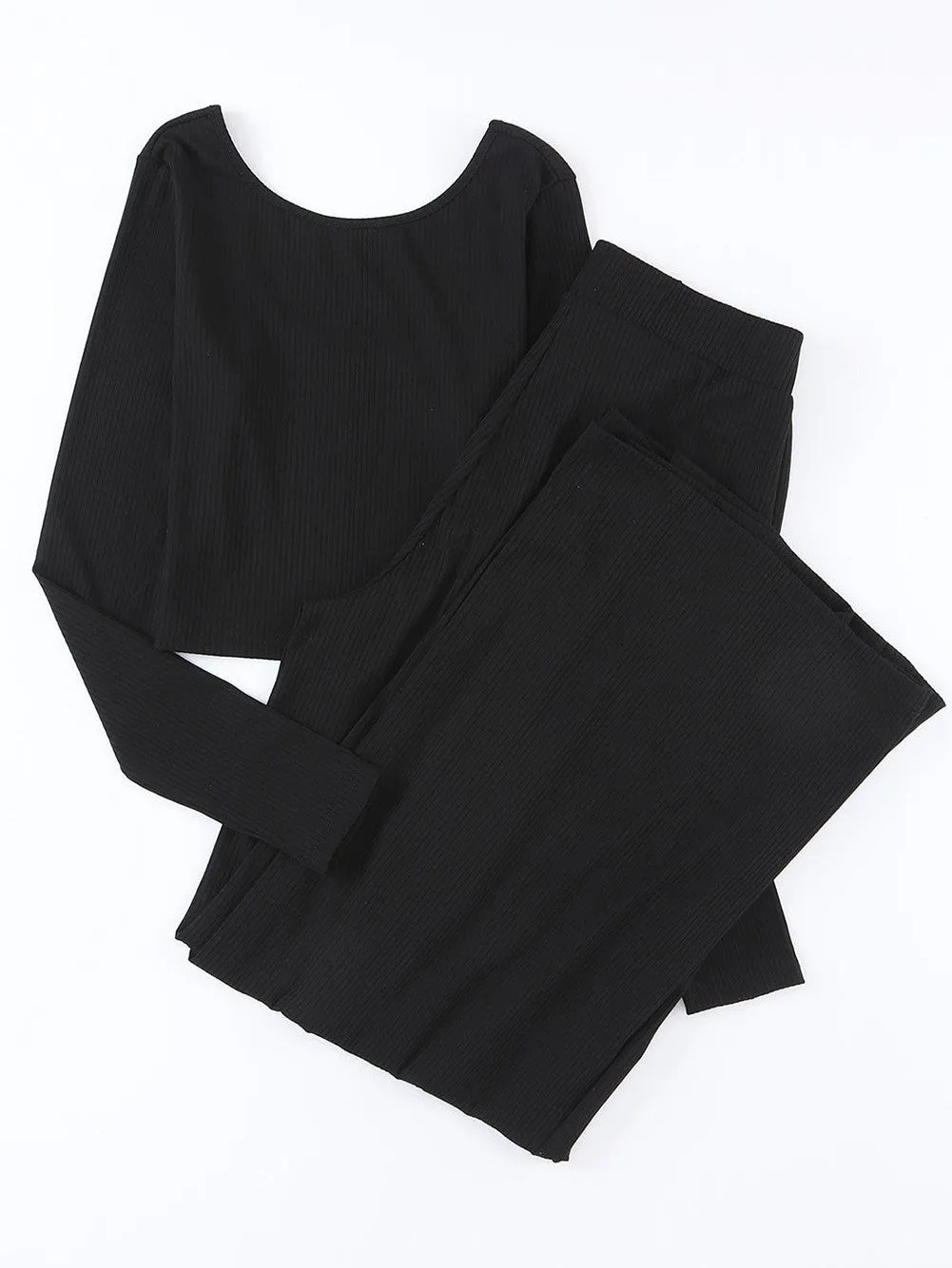 Black Plain Ribbed Crop Top & Wide Leg Pants Two Piece Pants Set