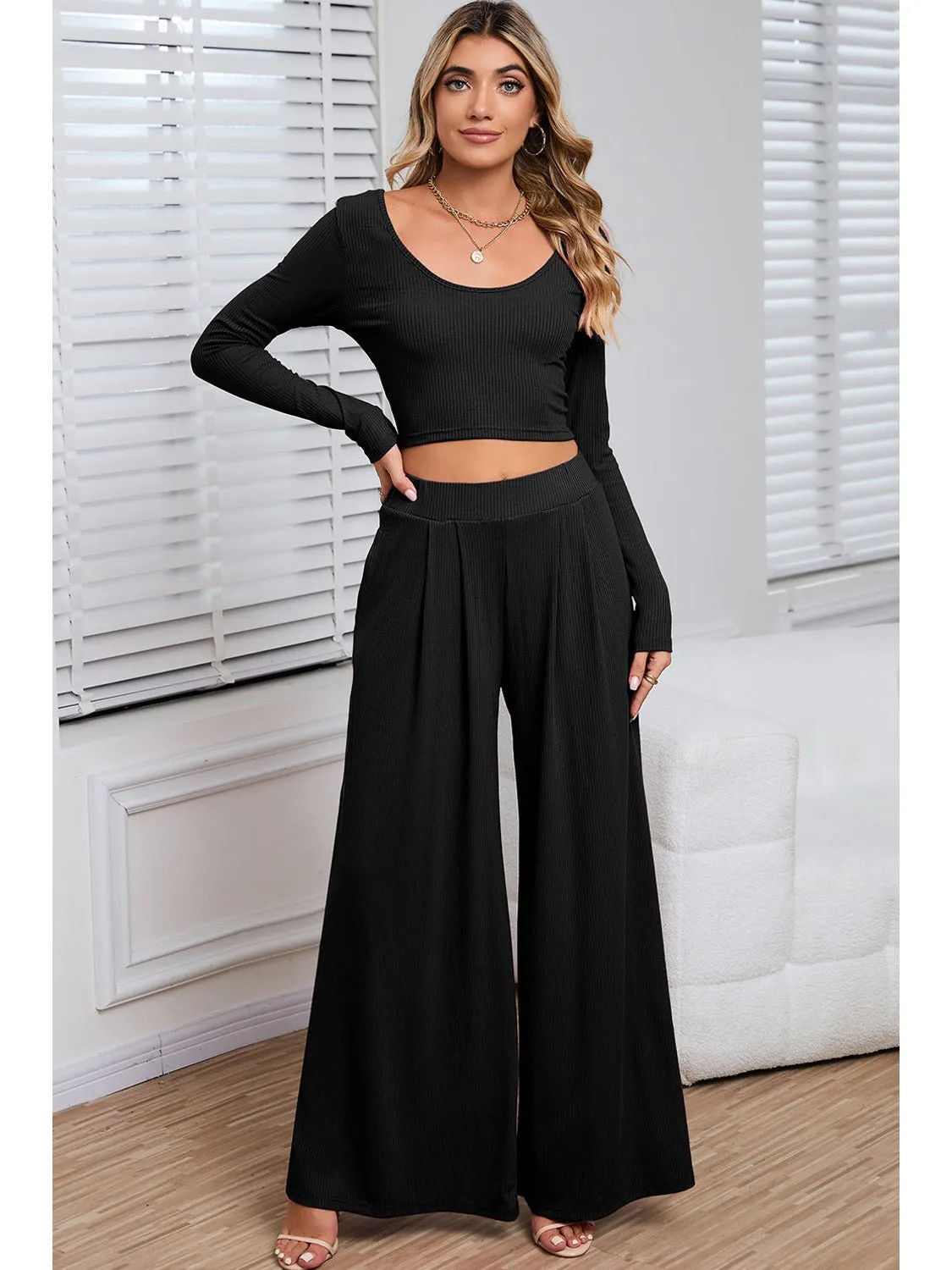 Black Plain Ribbed Crop Top & Wide Leg Pants Two Piece Pants Set