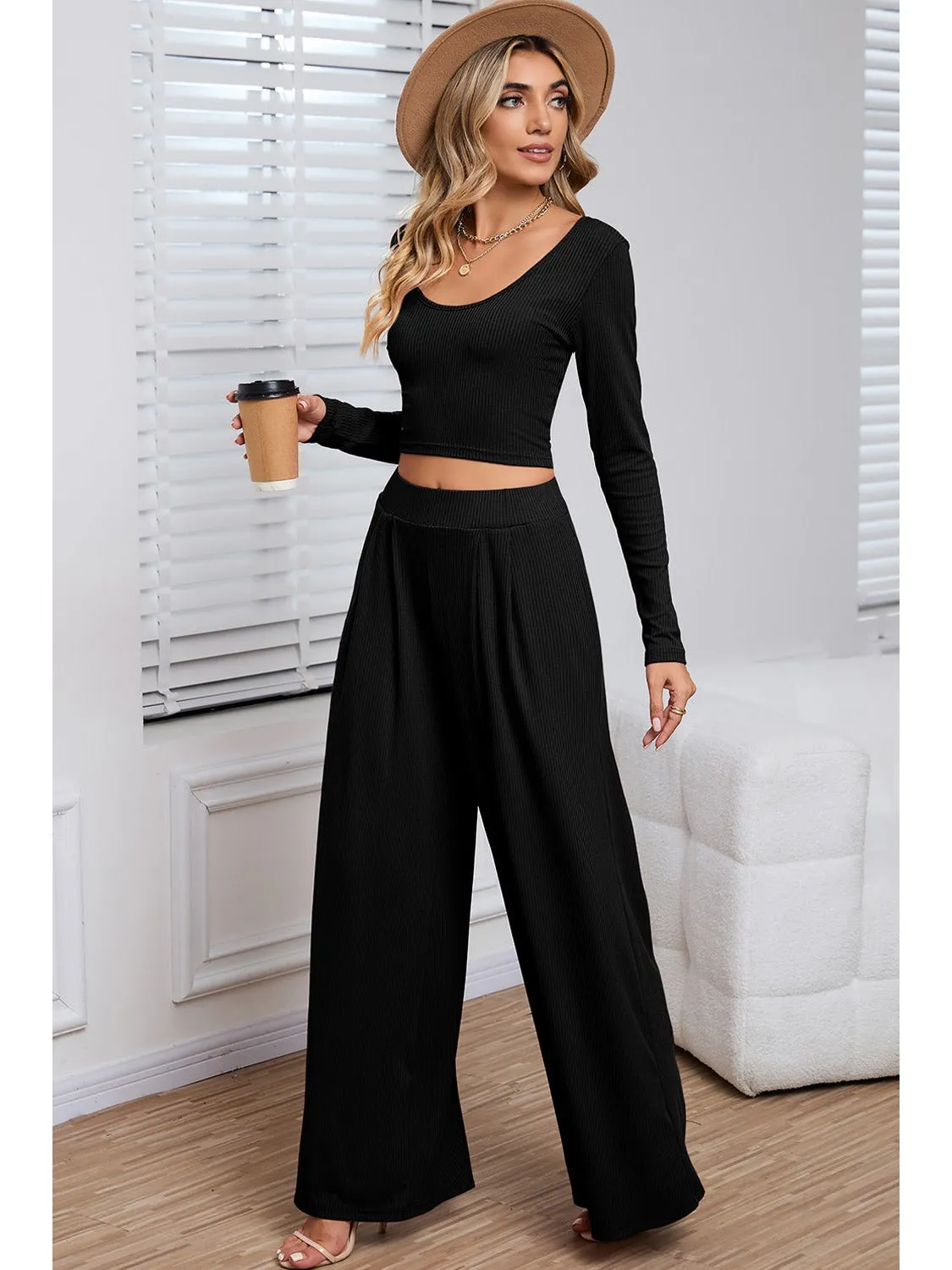 Black Plain Ribbed Crop Top & Wide Leg Pants Two Piece Pants Set