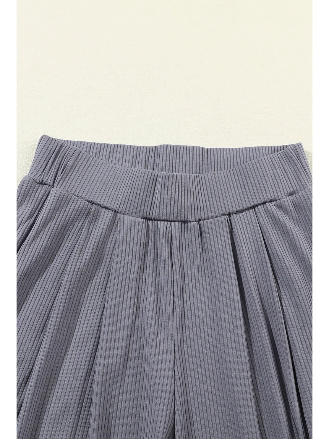 Black Plain Ribbed Crop Top & Wide Leg Pants Two Piece Pants Set