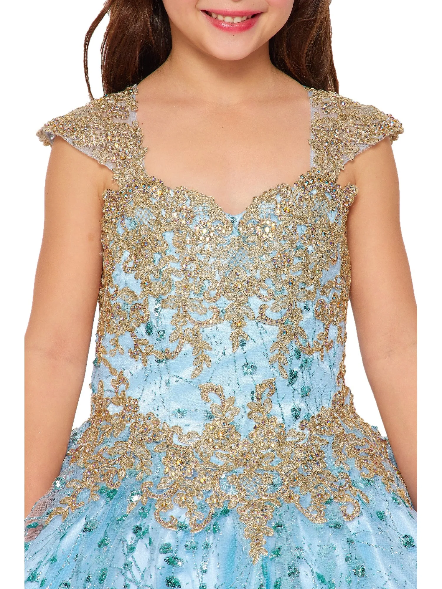 Bliss Girls Gold Coiled Stunning AB Rhinestone Ball Gown 2-16