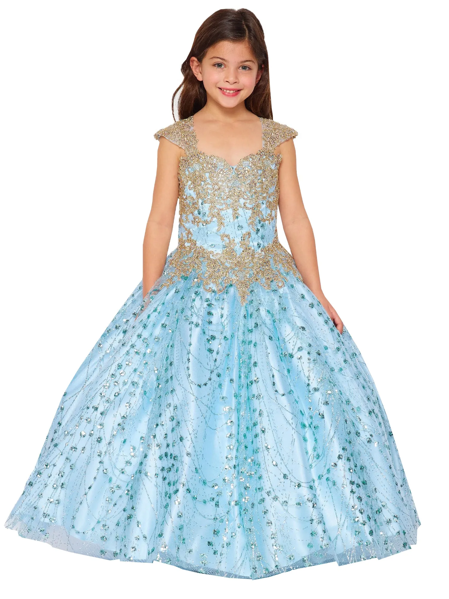 Bliss Girls Gold Coiled Stunning AB Rhinestone Ball Gown 2-16