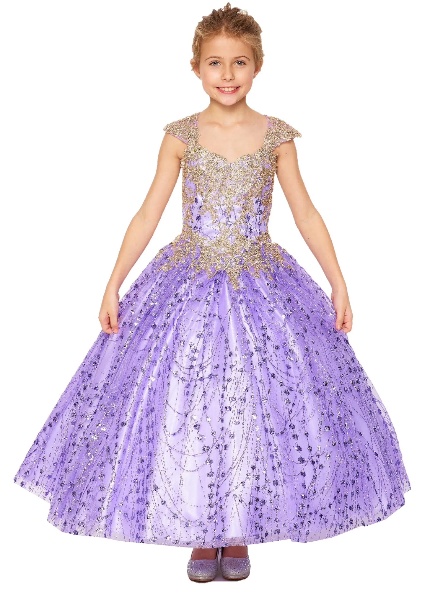 Bliss Girls Gold Coiled Stunning AB Rhinestone Ball Gown 2-16
