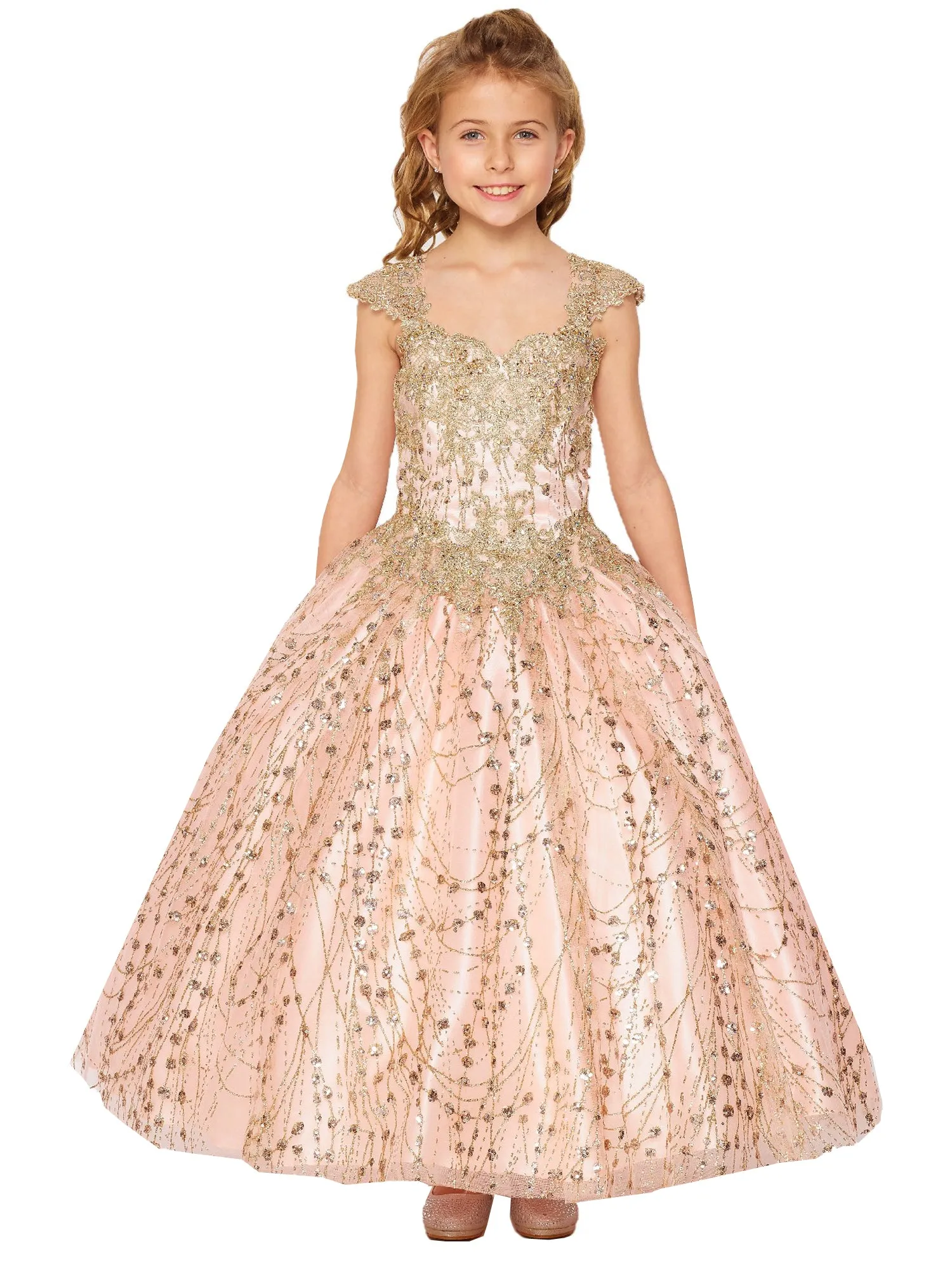 Bliss Girls Gold Coiled Stunning AB Rhinestone Ball Gown 2-16