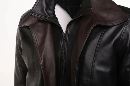 Brown and Black Aviator style leather jacket with spread collars