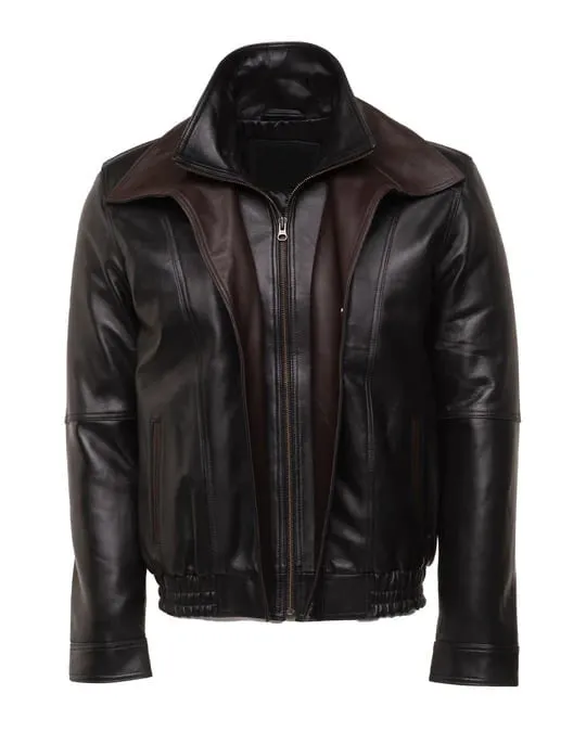 Brown and Black Aviator style leather jacket with spread collars