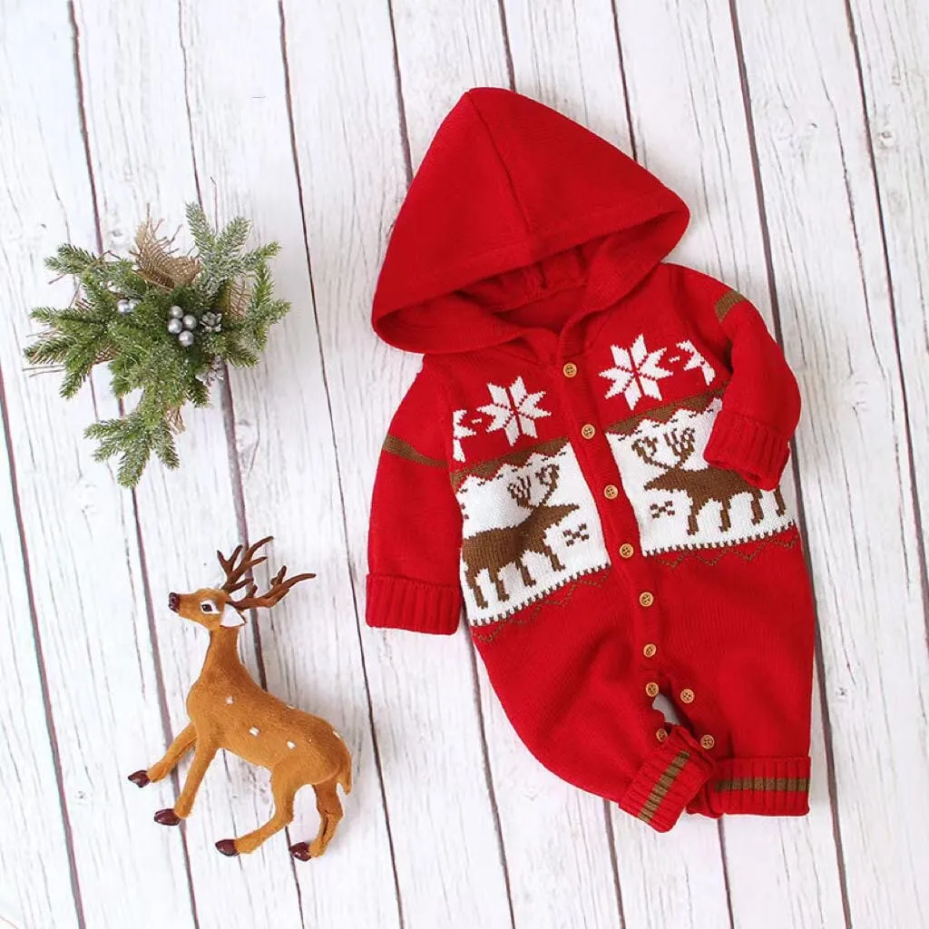 Cartoon Deer Hooded Knitted Baby Romper