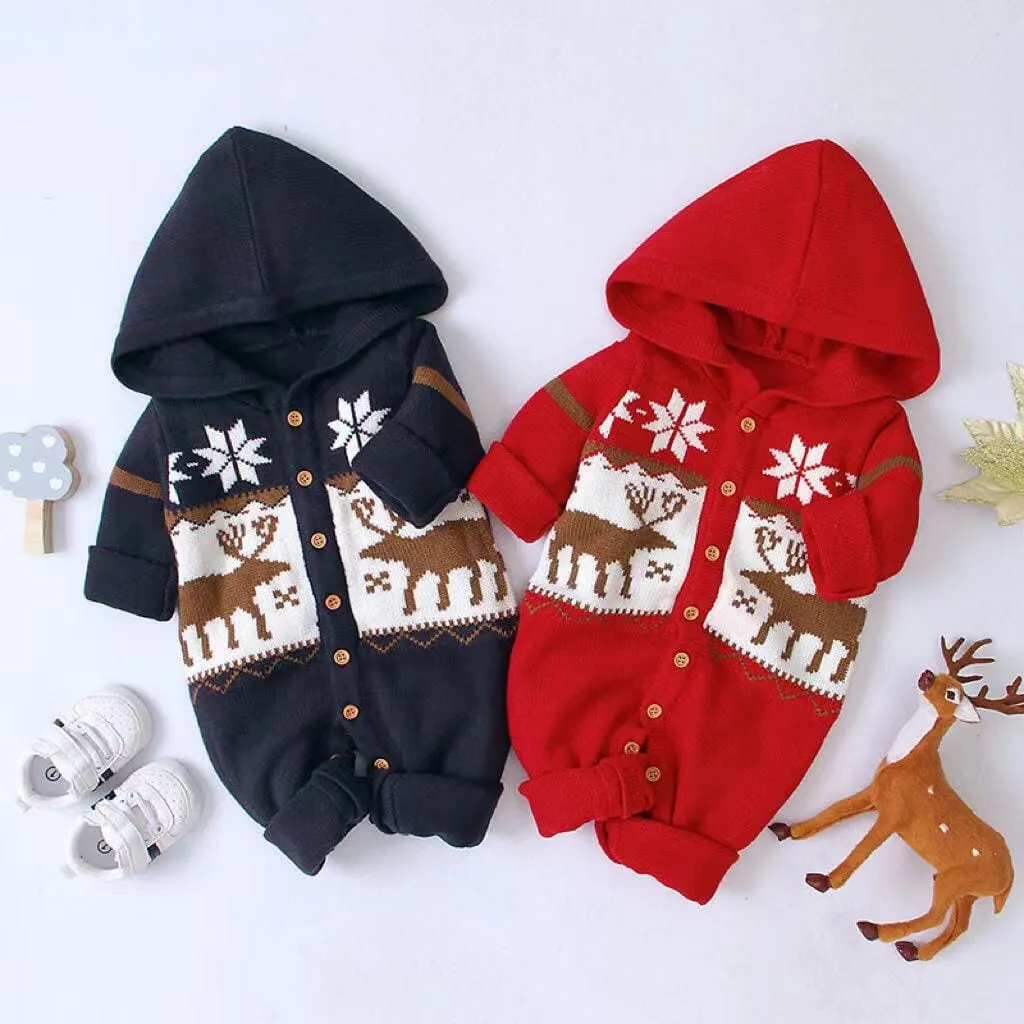 Cartoon Deer Hooded Knitted Baby Romper