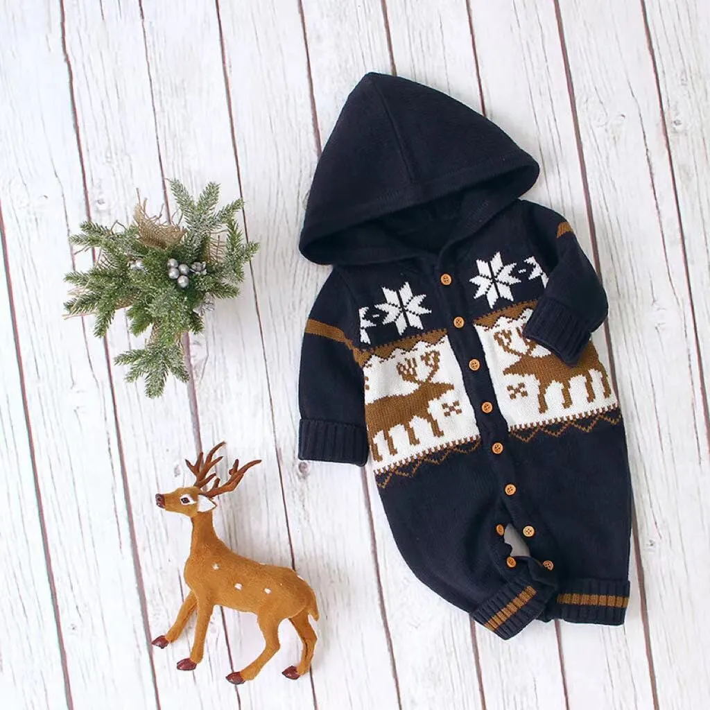 Cartoon Deer Hooded Knitted Baby Romper