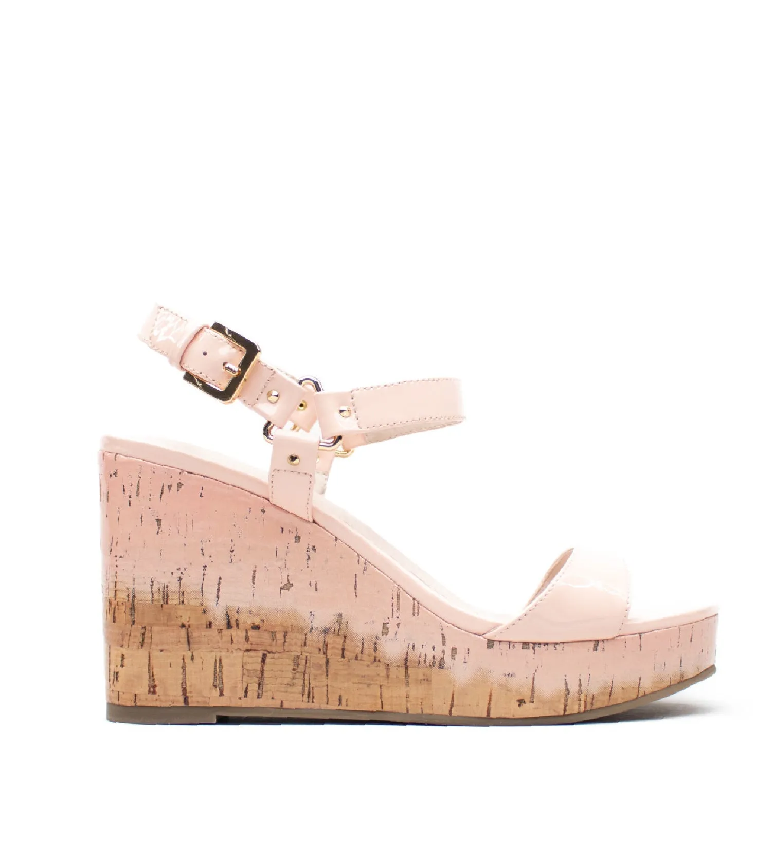 Cecelia New York Libby Pink Patent Cork Open Toe Buckle Wedge Heeled Sandals