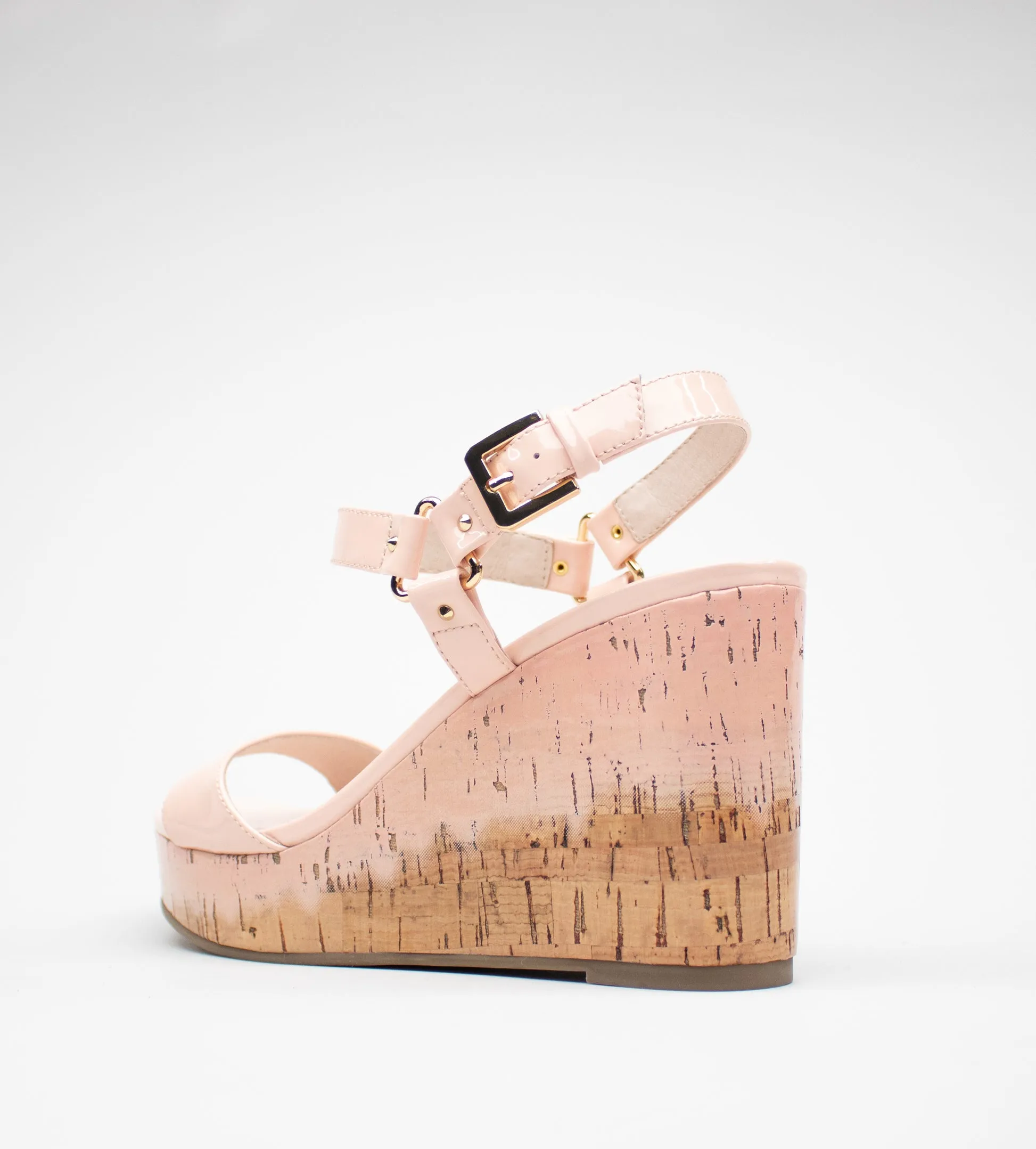 Cecelia New York Libby Pink Patent Cork Open Toe Buckle Wedge Heeled Sandals