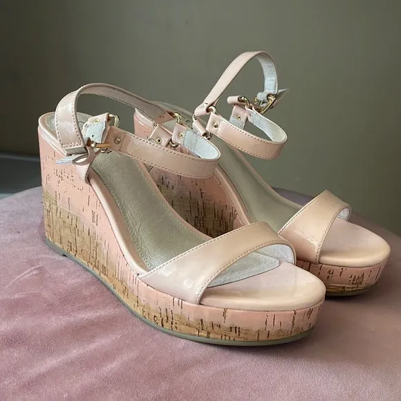 Cecelia New York Libby Pink Patent Cork Open Toe Buckle Wedge Heeled Sandals