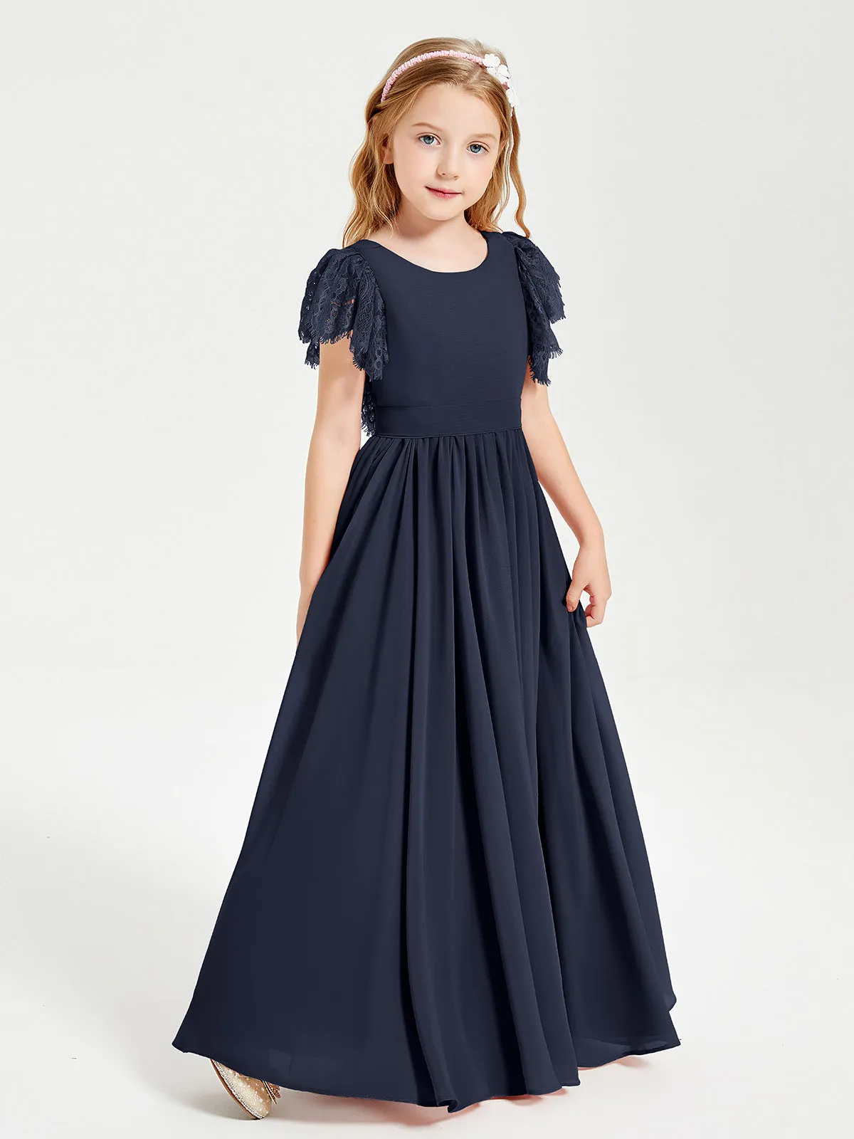 Chiffon Junior Bridesmaid Dresses Lace Flutter Sleeves Scoop Neck Dark Navy