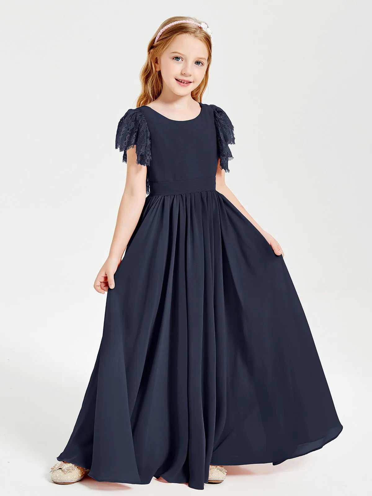 Chiffon Junior Bridesmaid Dresses Lace Flutter Sleeves Scoop Neck Dark Navy