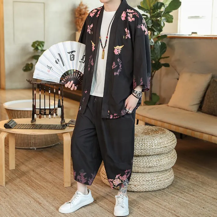 Chinese Style Floral Silk Casual Kimono Suit