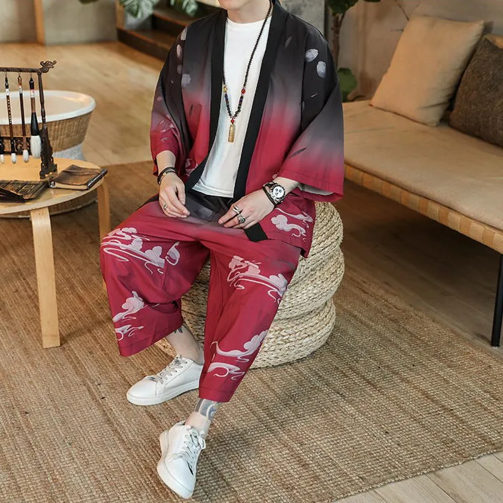 Chinese Style Floral Silk Casual Kimono Suit