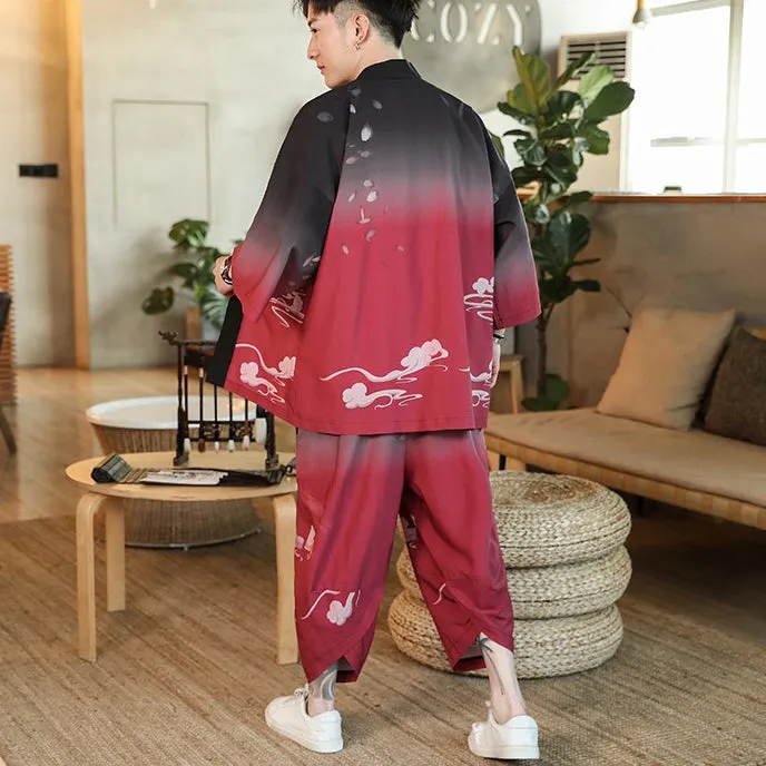 Chinese Style Floral Silk Casual Kimono Suit