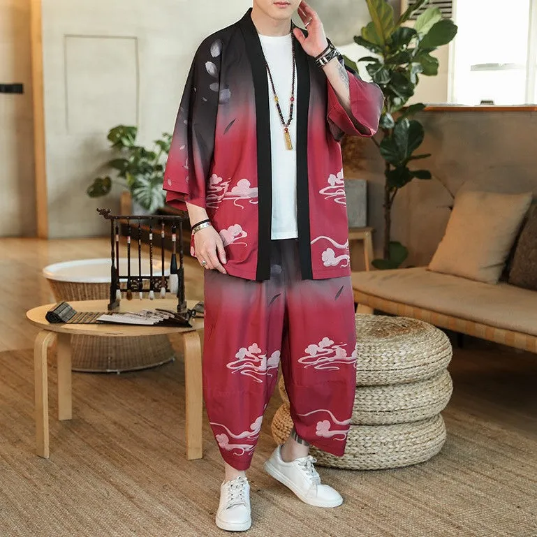 Chinese Style Floral Silk Casual Kimono Suit