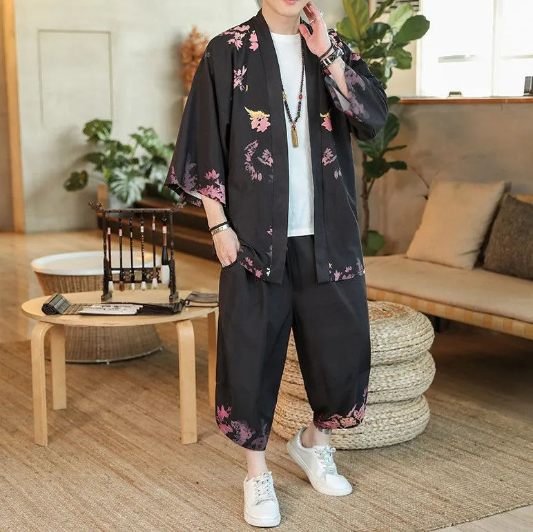 Chinese Style Floral Silk Casual Kimono Suit