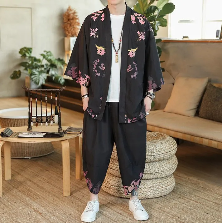 Chinese Style Floral Silk Casual Kimono Suit