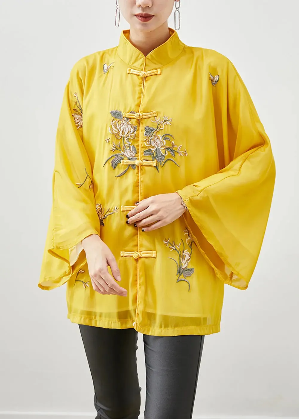 Chinese Style Yellow Embroideried Silk Jackets Fall ML0481