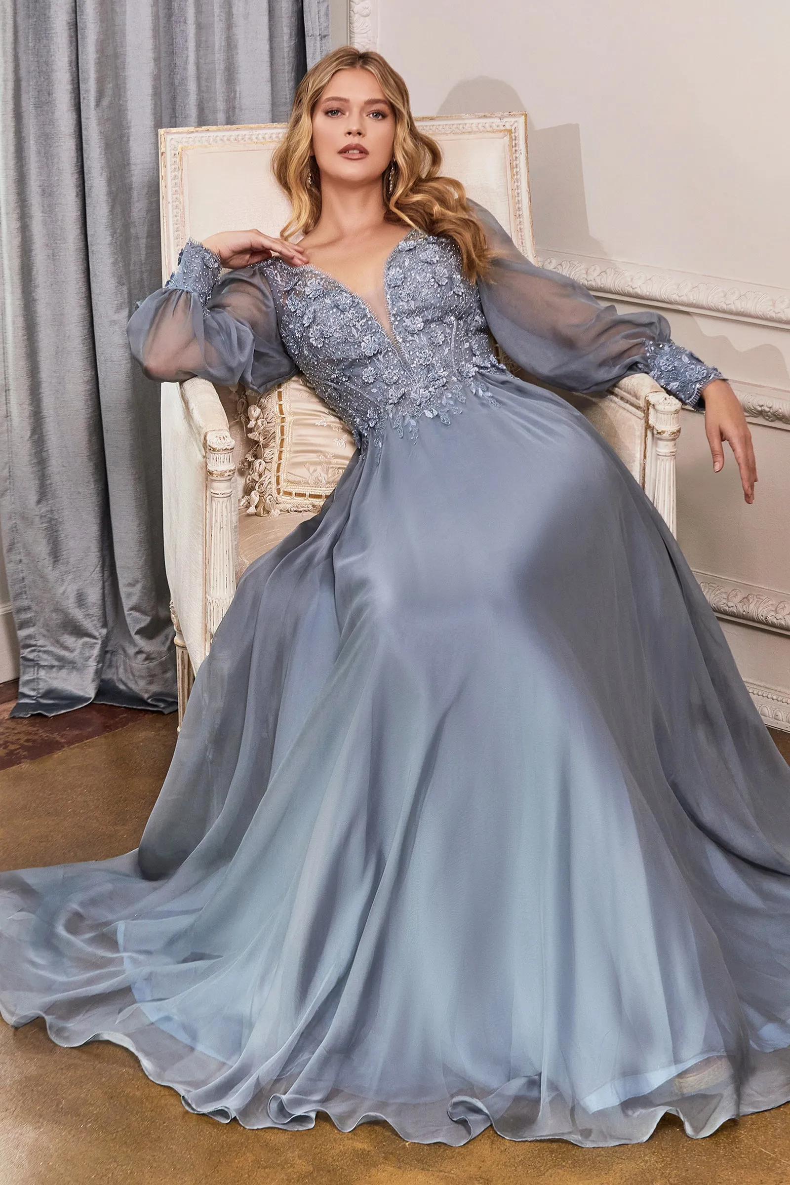 CINDERELLA DIVINE CD0183 Bishop Sleeve Chiffon Gown