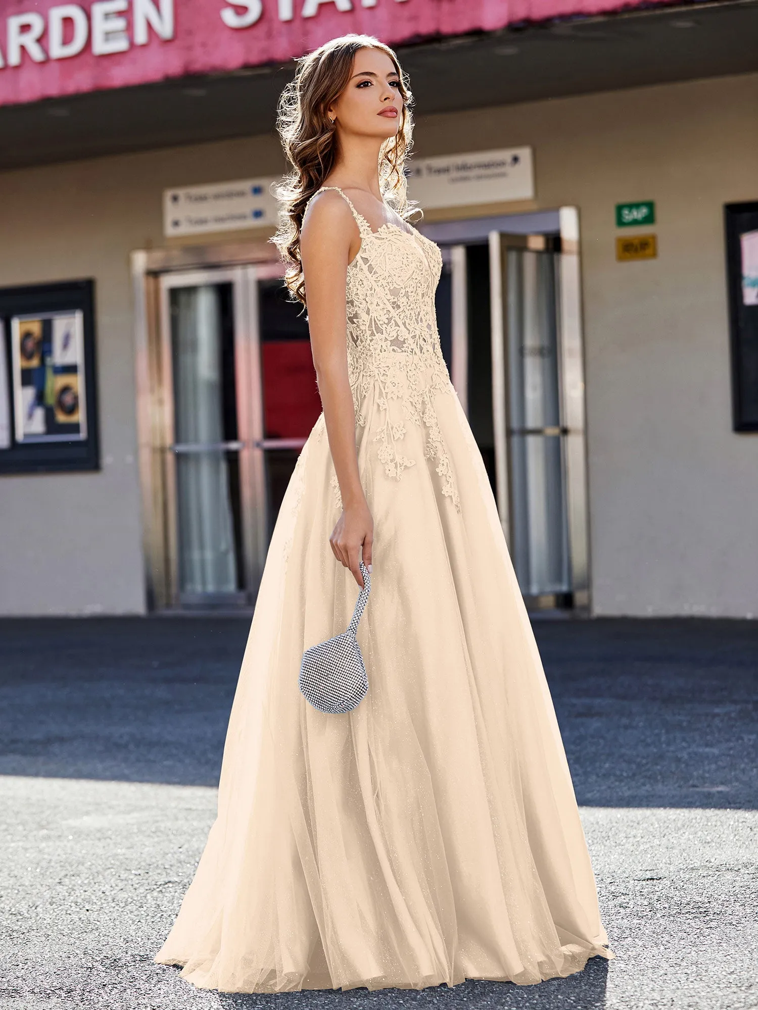 Corset Bodice A Line Tulle Gown Champagne