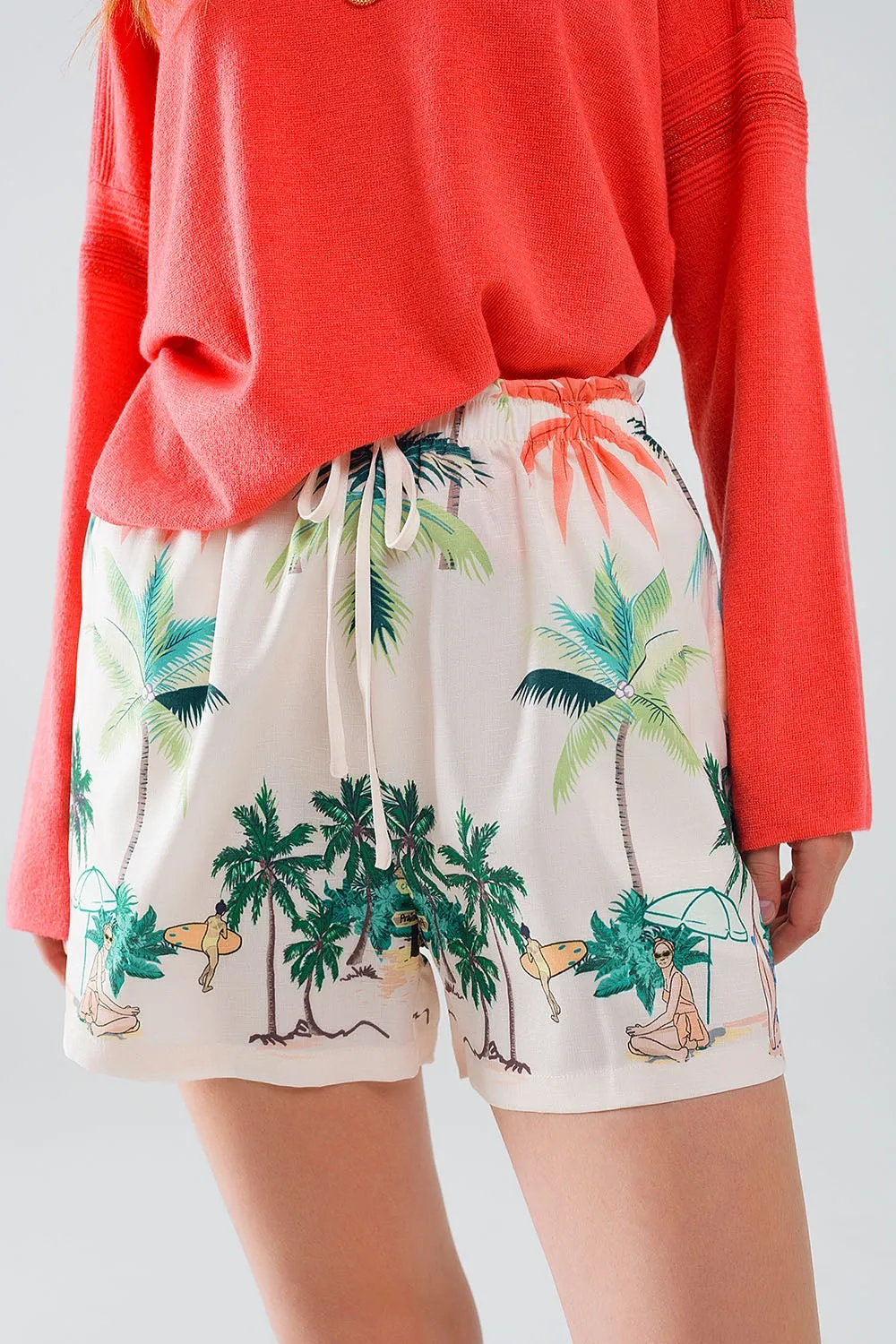 Cream Shorts with Beach Print and Elastic Waist