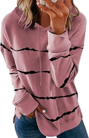 Crewneck Sweatshirts Women Oversized Long Sleeve Color Block Tops Drawstring Pullover Hoodies Plus Size Slit Shirt