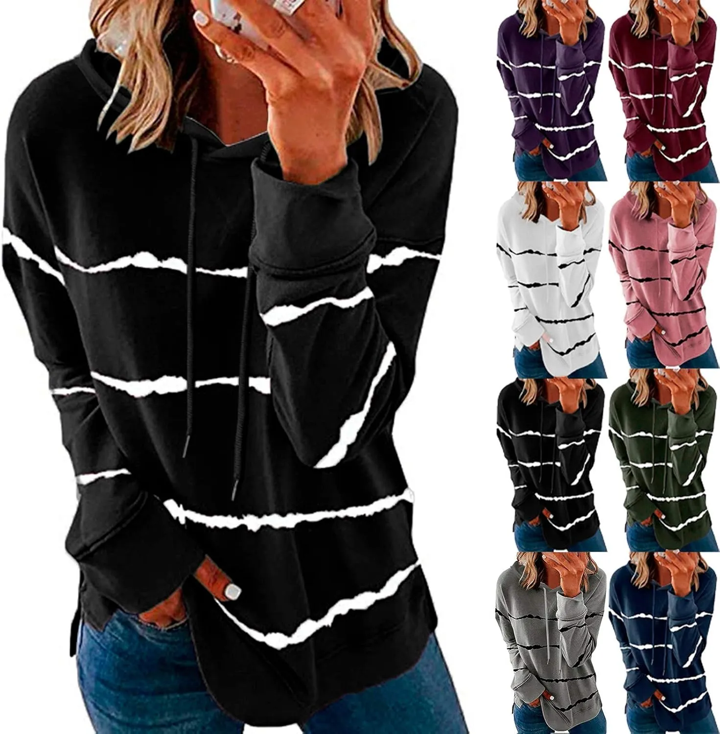 Crewneck Sweatshirts Women Oversized Long Sleeve Color Block Tops Drawstring Pullover Hoodies Plus Size Slit Shirt