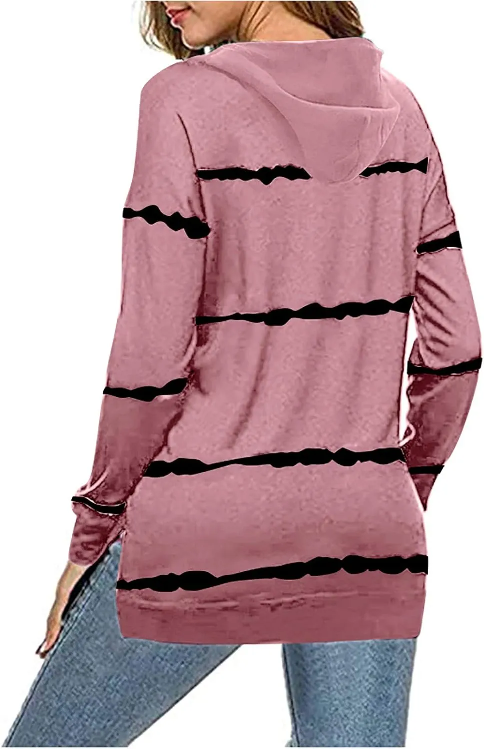 Crewneck Sweatshirts Women Oversized Long Sleeve Color Block Tops Drawstring Pullover Hoodies Plus Size Slit Shirt