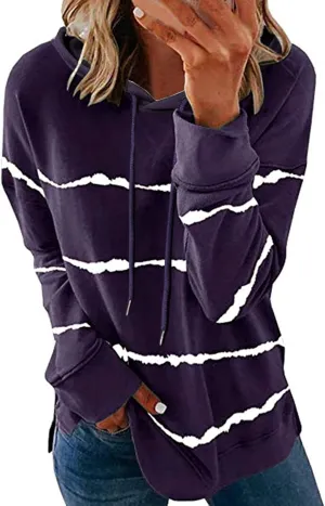 Crewneck Sweatshirts Women Oversized Long Sleeve Color Block Tops Drawstring Pullover Hoodies Plus Size Slit Shirt