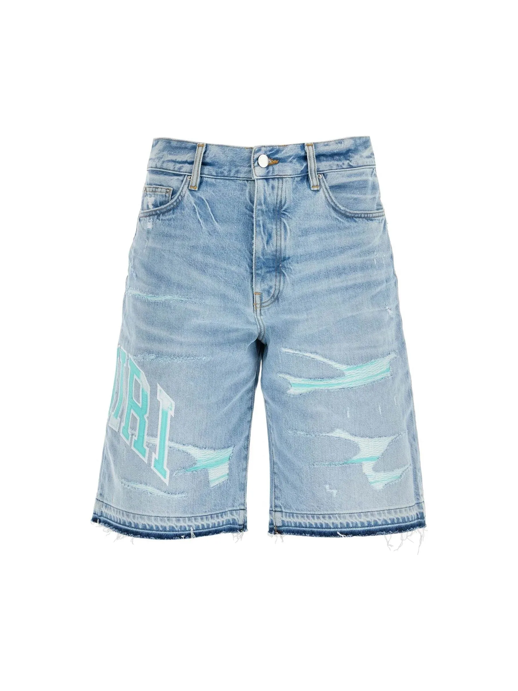 Distressed Varsity Logo Denim Shorts