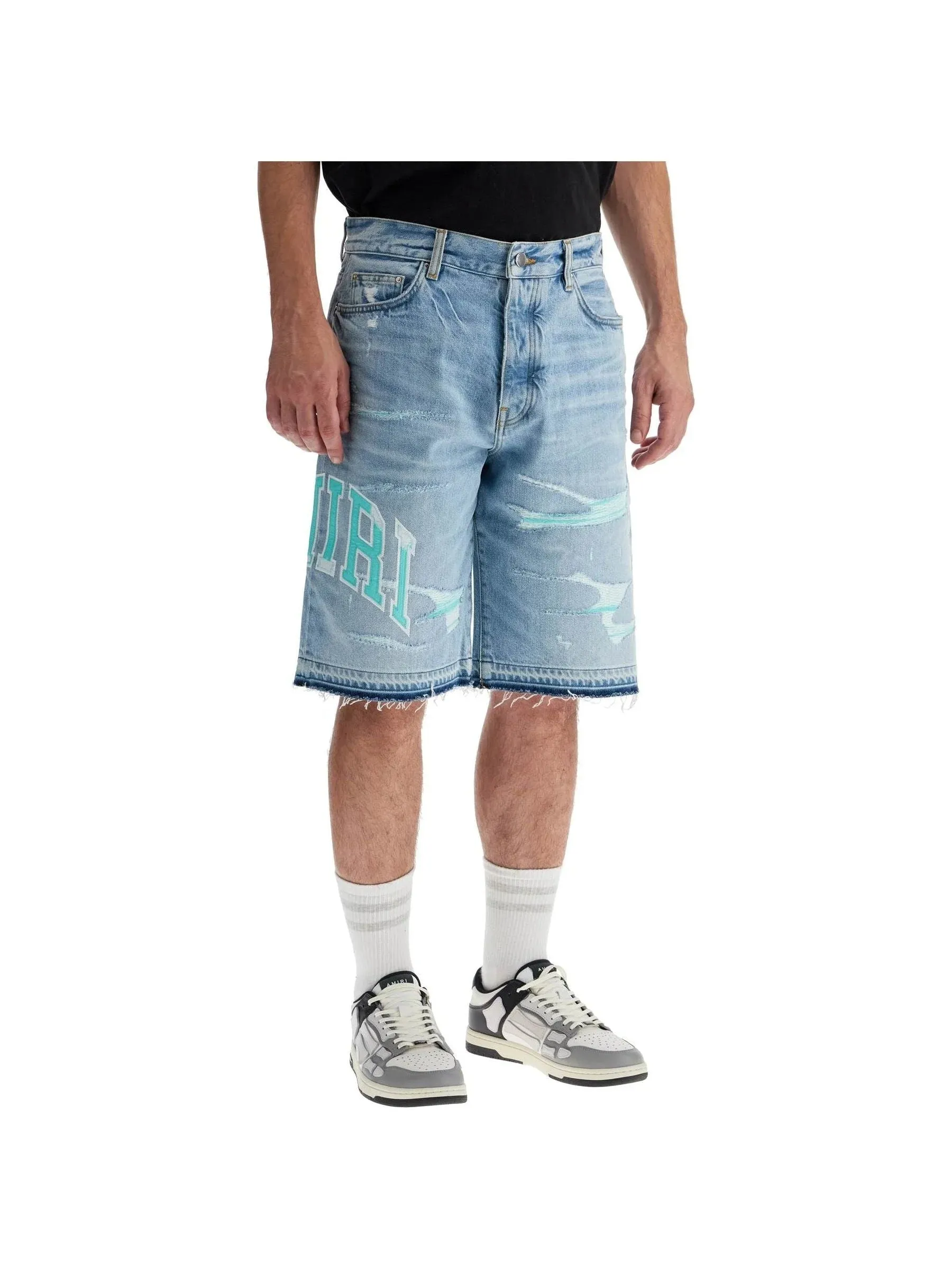 Distressed Varsity Logo Denim Shorts