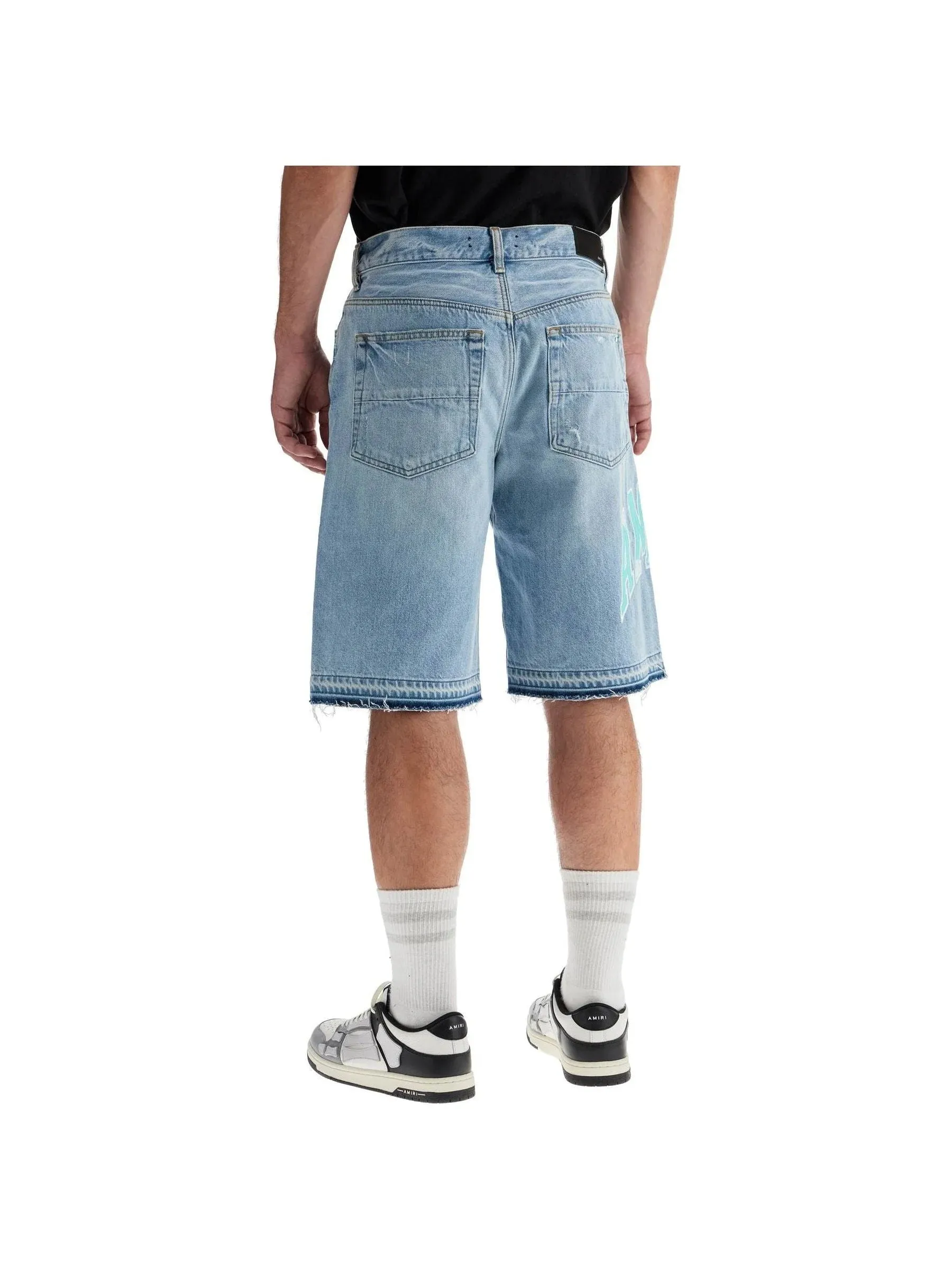 Distressed Varsity Logo Denim Shorts