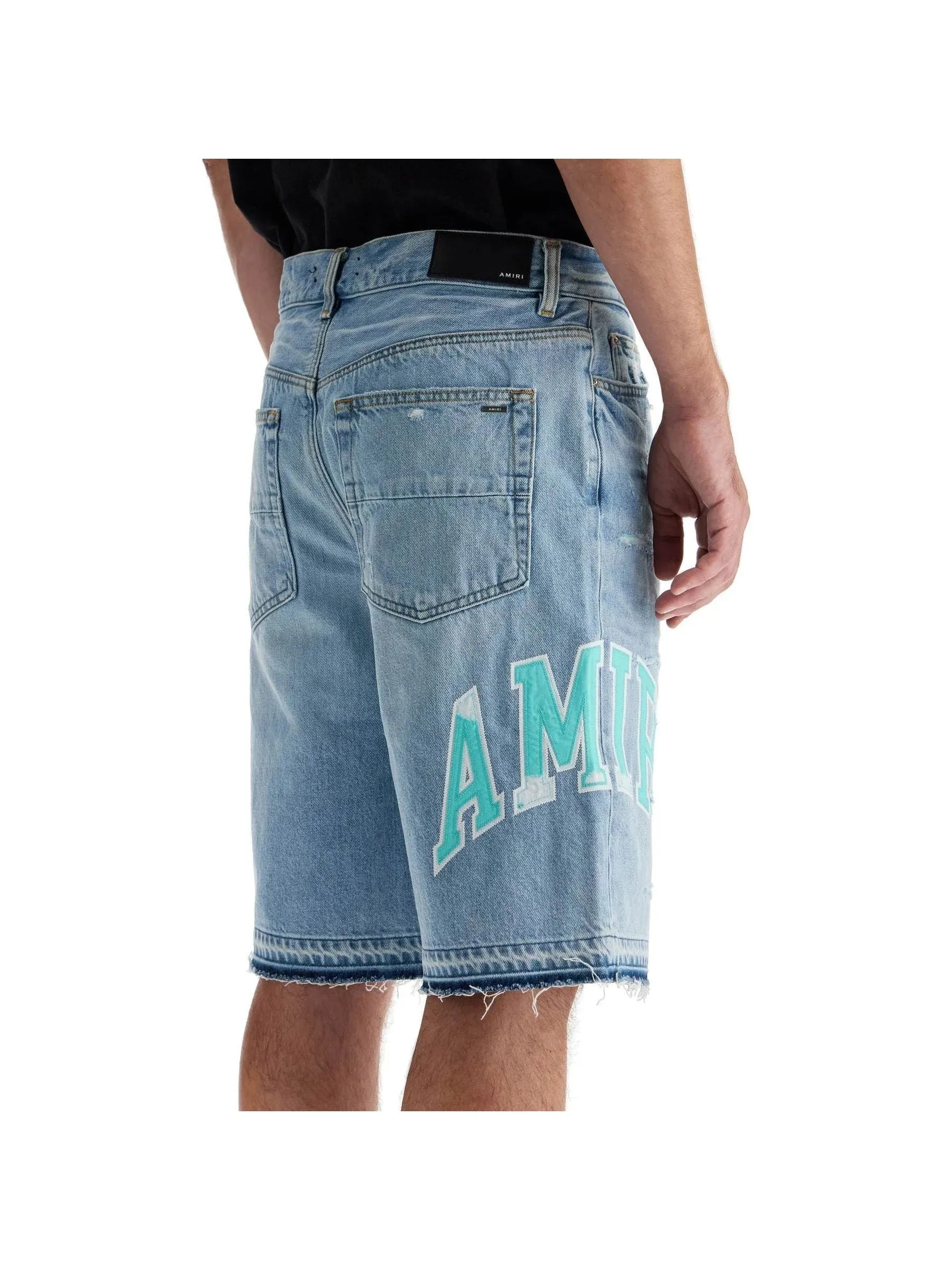 Distressed Varsity Logo Denim Shorts