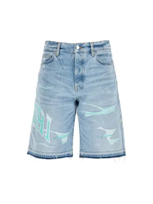 Distressed Varsity Logo Denim Shorts
