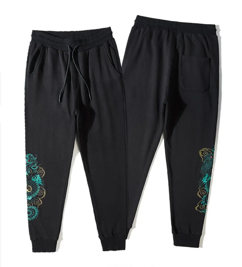 Dragon Embroidery Beach Pants Loose Pants Chinese Style Casual Pants
