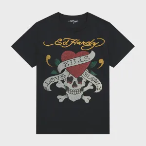 Ed Hardy Rhinestone LKS Skull SS Tee - Faded Black