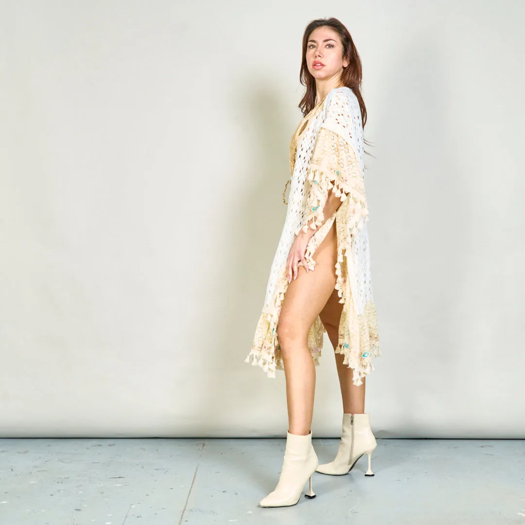 Embroidered kaftan with lace and tassels wholesale