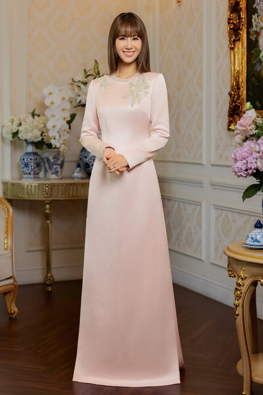 Everlee A-line Bead Taffeta Silk Floor Length Ao Dai