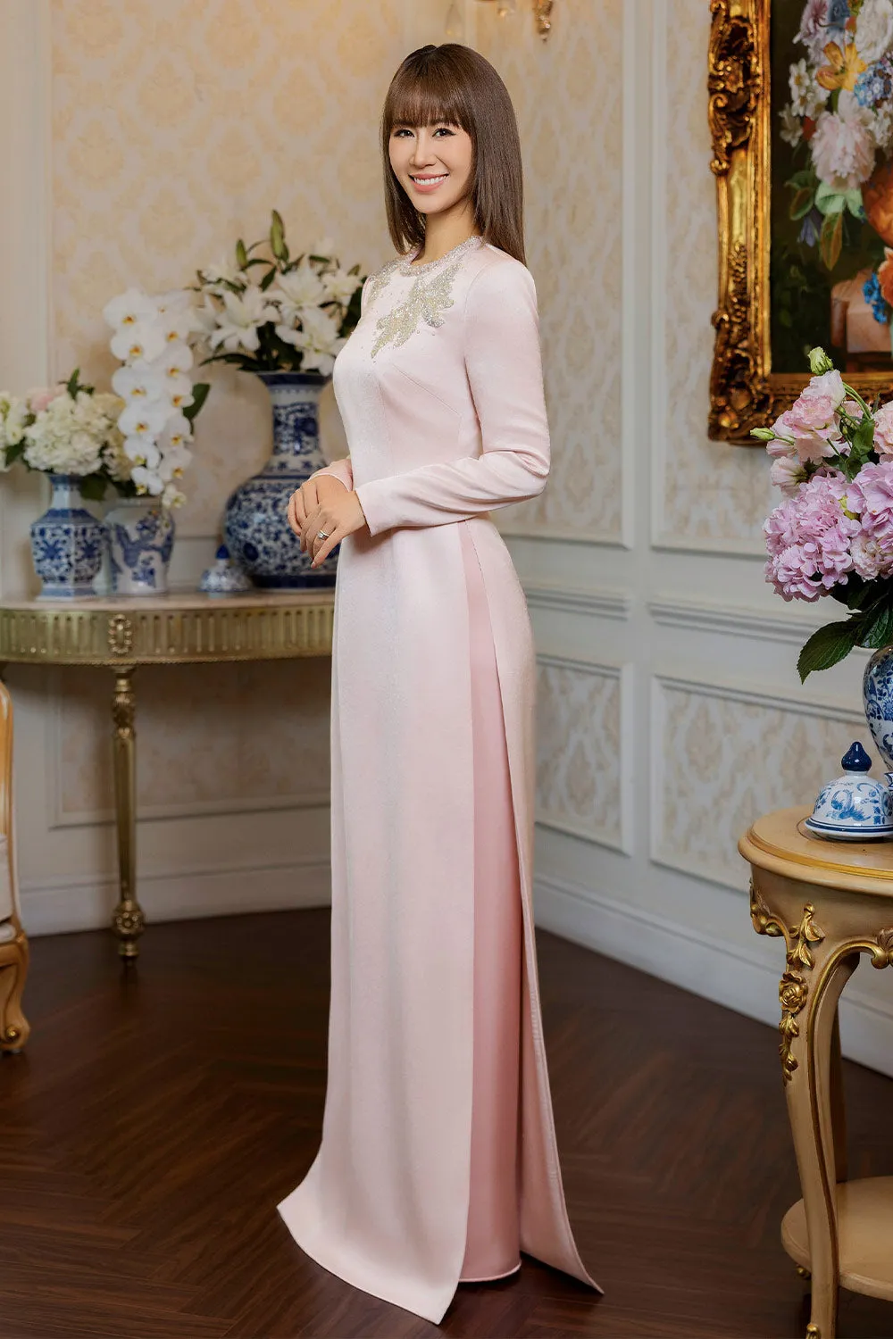 Everlee A-line Bead Taffeta Silk Floor Length Ao Dai