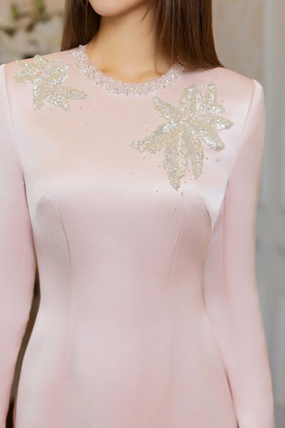 Everlee A-line Bead Taffeta Silk Floor Length Ao Dai