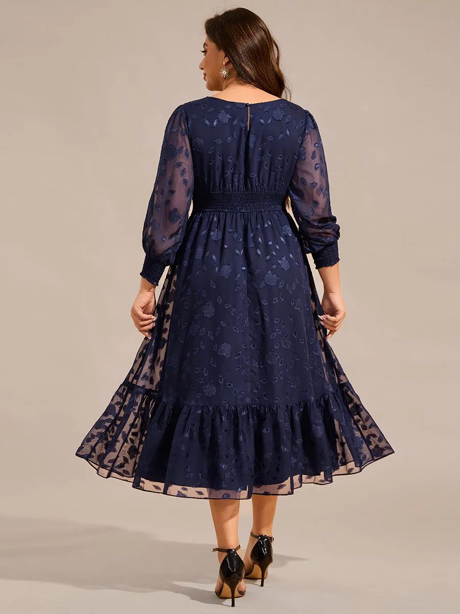 Exquisite Plus Size Round Neck Lotus Leaf Hem Wedding Guest Dresses with Embroidery Applique Decoration