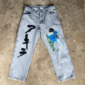 Fashion printed street style casual denim trousers