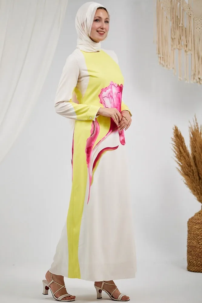 Fatina Elegant Satin Floral Maxi Dress with Side Panel Details
