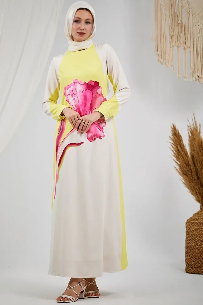 Fatina Elegant Satin Floral Maxi Dress with Side Panel Details